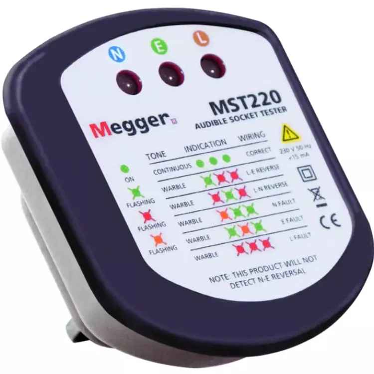MEGGER MST220 Audible Socket Tester, BS1363 13A 3-Pin, Tri-Colour LED, 17+ Fault Detection, Visual & Audible Indication